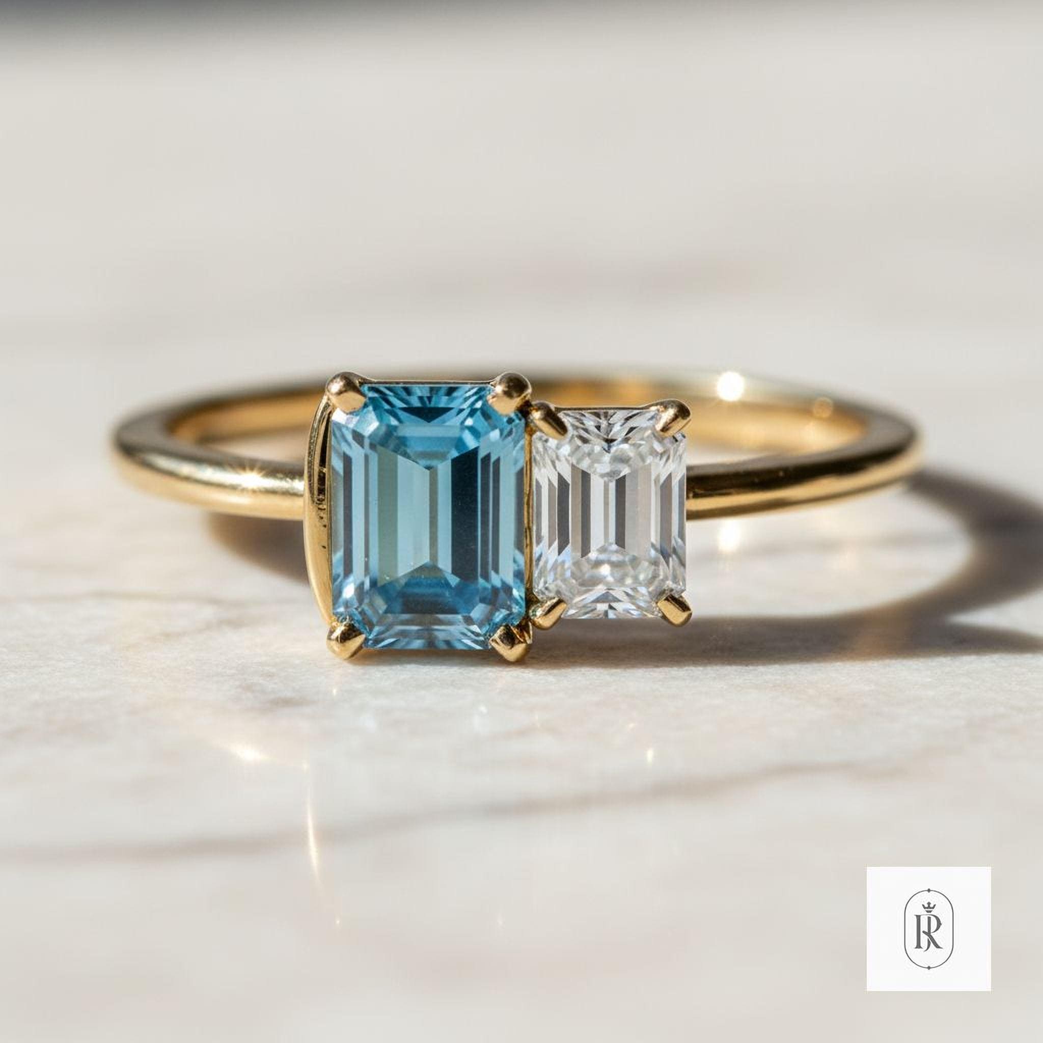 Emerald Cut Blue Diamond Ring: Fancy Vivid Color - 14K Gold Lab-Grown — View 1 of custom handcrafted Lab Diamond jewellery in 14K White Gold