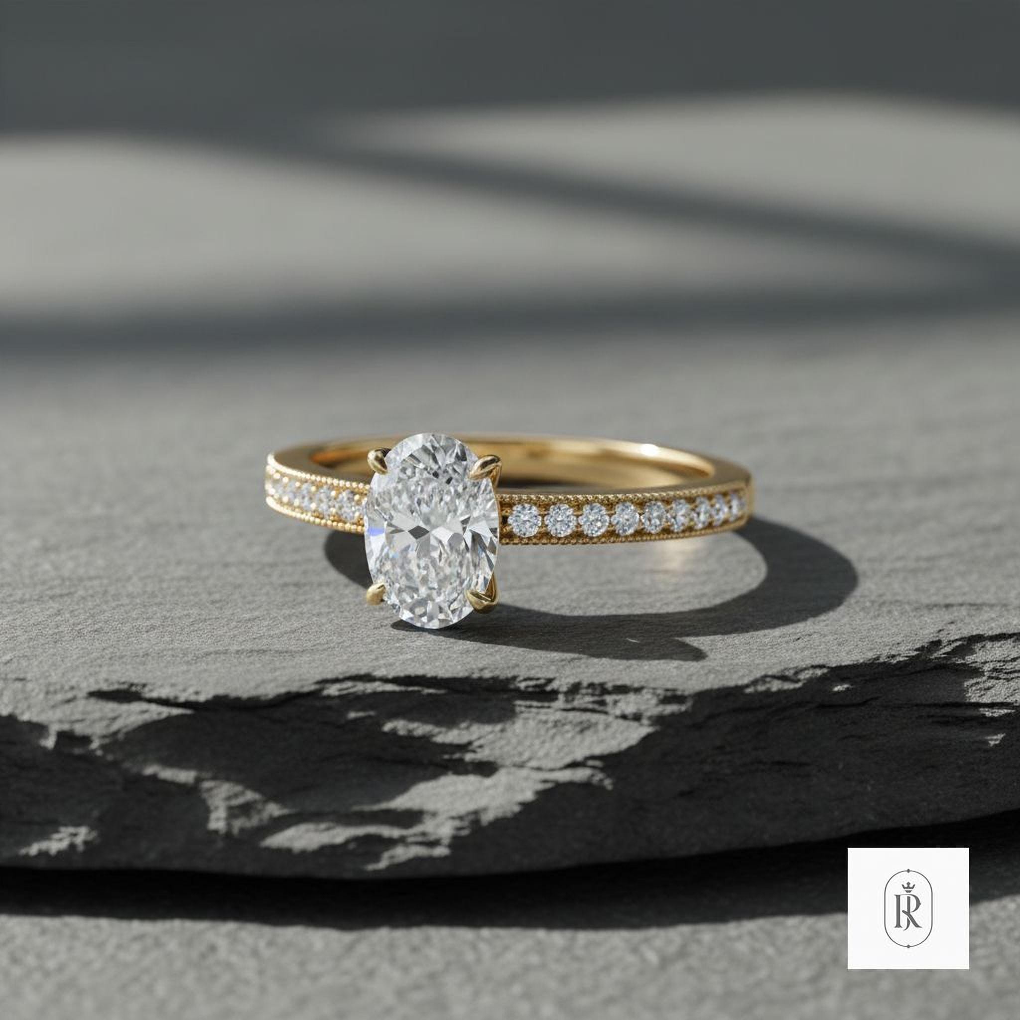 Oval Moissanite Engagement Ring: East West Cut - 14K Gold Band — View 1 of custom handcrafted Lab Diamond jewellery in 14K White Gold