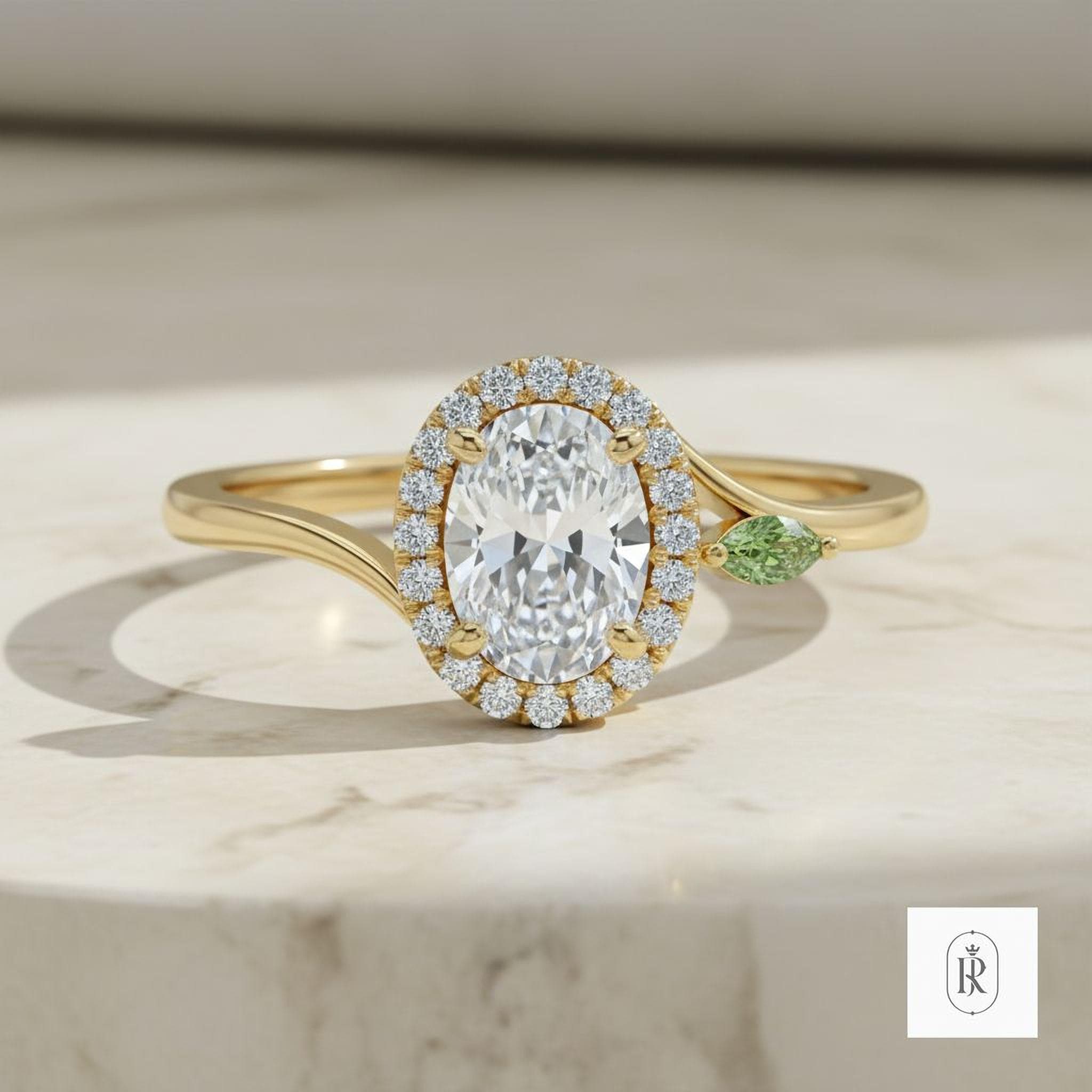 Two Stone Promise Ring: Oval Moissanite & Fancy Green Diamond (14K Gold) — View 1 of custom handcrafted Lab Diamond jewellery in 14K White Gold