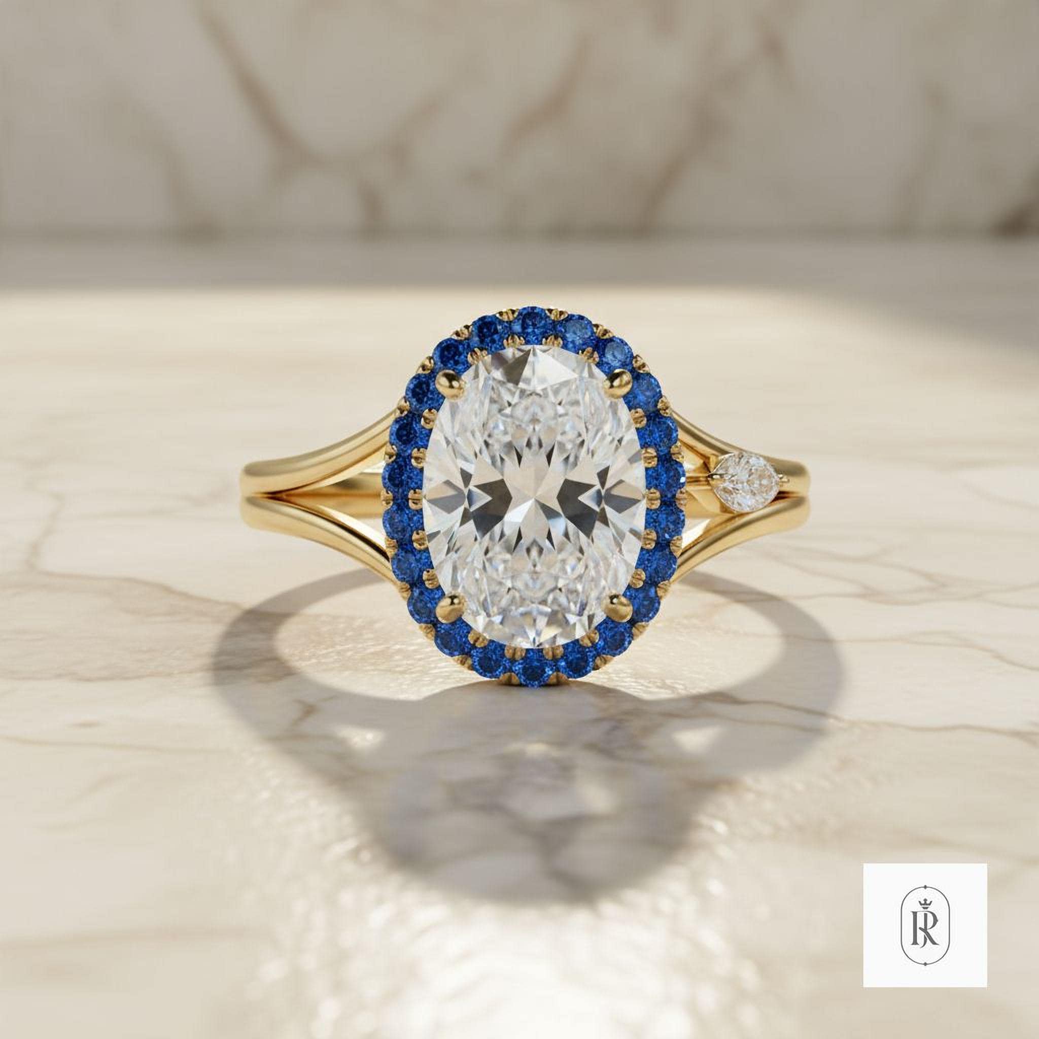 Oval Moissanite Engagement Ring: East-West Design - 14K Gold, Colored Diamonds — View 1 of custom handcrafted Lab Diamond jewellery in 14K White Gold