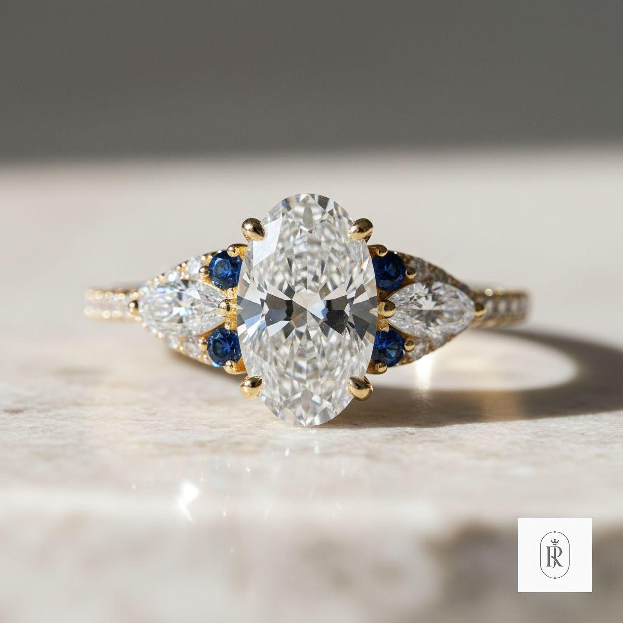 Lab Diamond Engagement Ring - Oval Stone with Marquise Accents — View 1 of custom handcrafted Lab Diamond jewellery in 14K White Gold