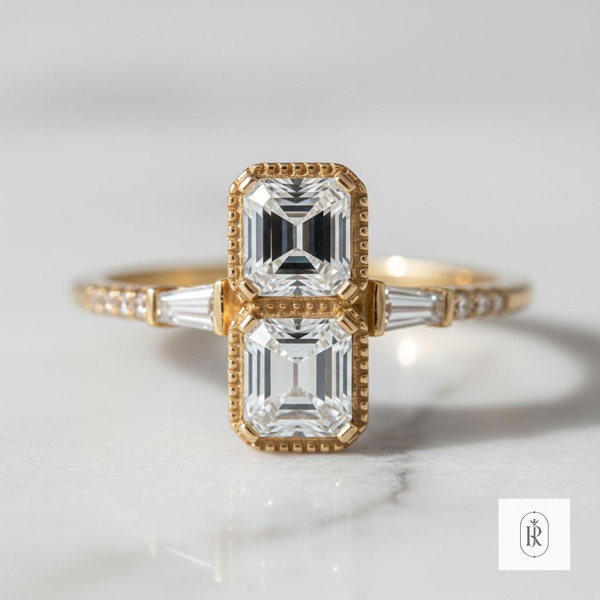 Diamond Ring: Emerald Cut with Champagne Accents (14K Yellow Gold) — View 1 of custom handcrafted Lab Diamond jewellery in 14K Yellow Gold