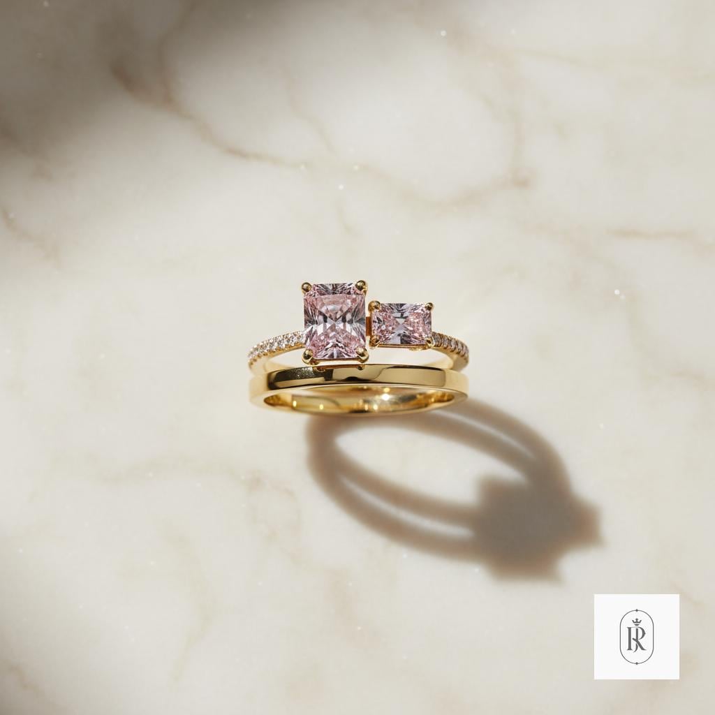 Fancy Pink Diamond Ring: Lab Grown Radiant Cut in 14K Yellow Gold — View 1 of custom handcrafted Lab Diamond jewellery in 14K Yellow Gold