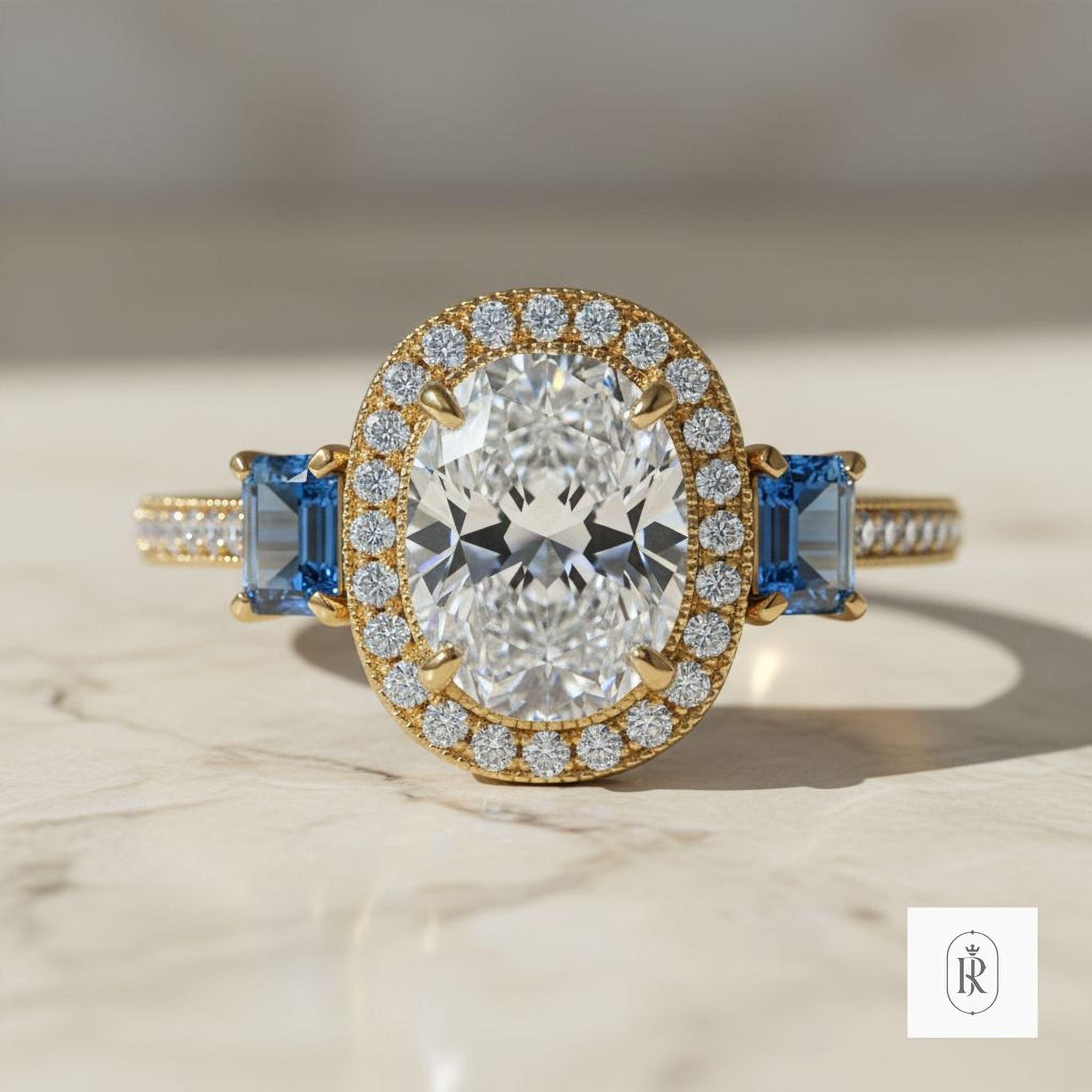 Blue Moissanite Ring, Emerald Cut, Oval Accents (14K Gold) — View 1 of custom handcrafted Emerald jewellery in 14K White Gold