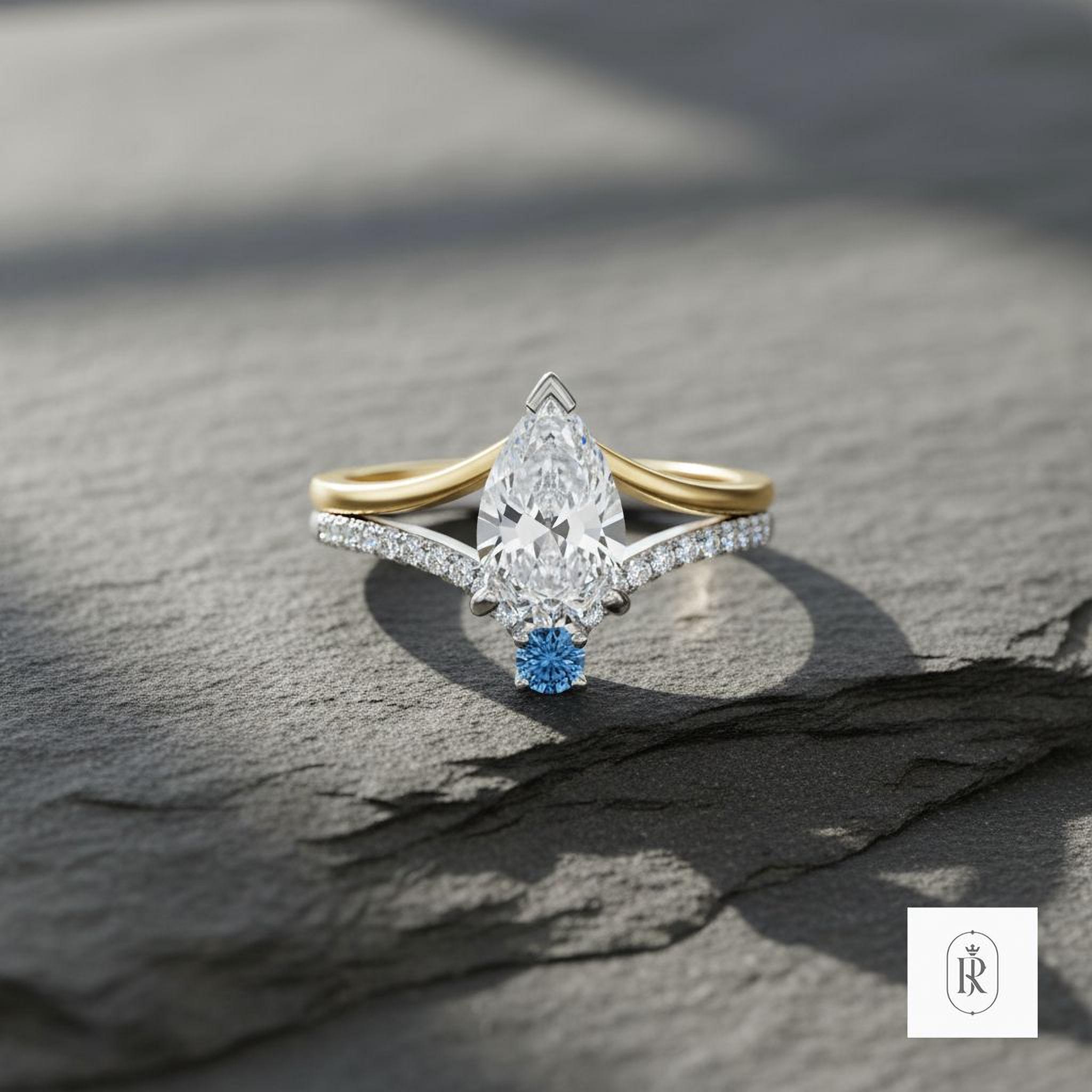 Two-Stone Engagement Ring: Pear Moissanite & Blue Lab Diamond (14K Gold) — View 1 of custom handcrafted Lab Diamond jewellery in 14K White Gold
